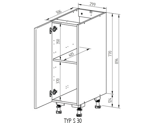 Technický nákres spodní kuchyňské skříňky s rozměry.
