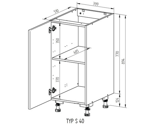 Technický výkres spodní skříňky s dvířky, policí a rozměry