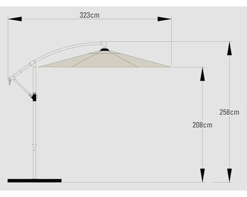 Technický nákres slunečníku o rozměrech 323 cm šířka a 258 cm výška