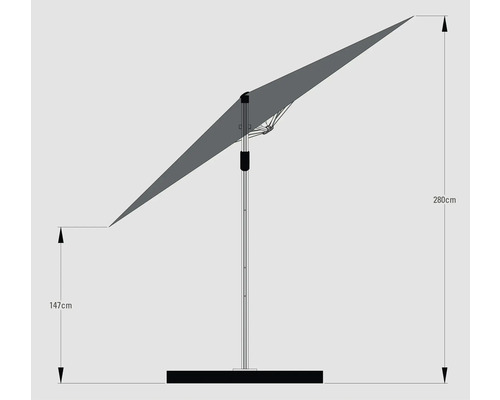 Nákres slunečníku s výškou 280 cm a 147 cm