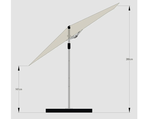 Ilustrace slunečníku s výškovými údaji 147 cm a 280 cm.