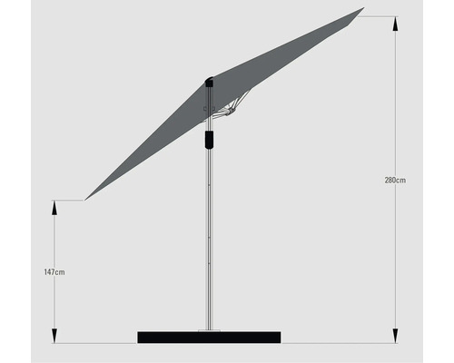 Obrázek slunečníku s boční tyčí a rozměry 147 cm a 280 cm.