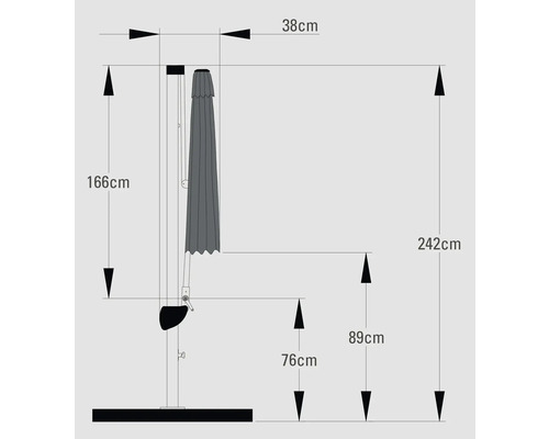 Technický výkres slunečníku s údaji o výšce a šířce.