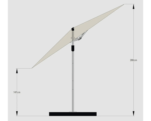 Boční slunečník s rozměry 147 cm a 280 cm