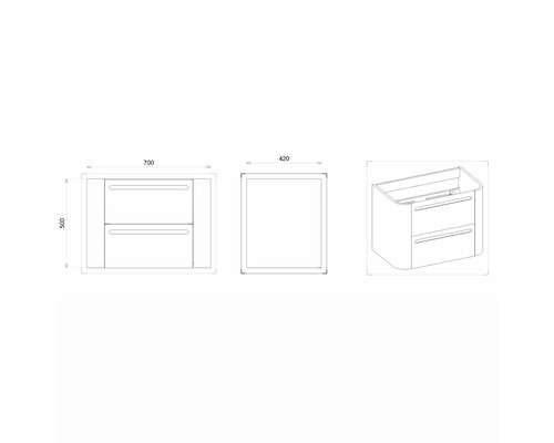 Technický nákres skříňky pod umyvadlo se zásuvkami a rozměry.