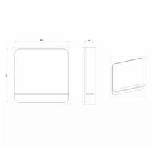 Technický nákres zrcadla s poličkou a rozměry 860 x 860 x 140 mm.