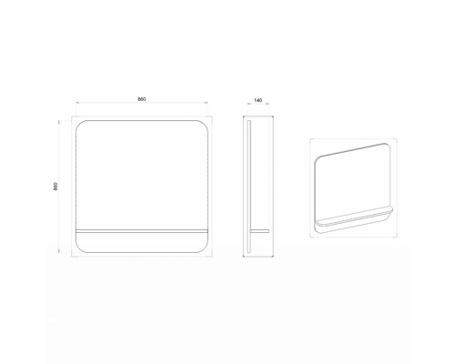Technický nákres zrcadla s poličkou a rozměry 860 x 860 x 140 mm.