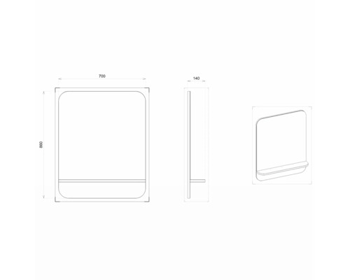 Technický nákres zrcadlové skříňky o rozměrech 700 x 860 x 140 milimetrů.