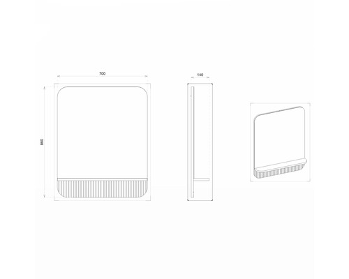 Technický nákres zrcadlové skříňky o rozměrech 700 x 860 x 140 milimetrů.