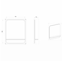 Technický nákres zrcadla s policí a rozměry 700 x 860 x 140 mm.