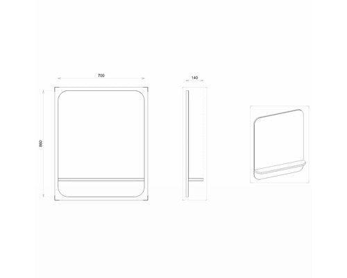 Technický nákres zrcadla s policí a rozměry 700 x 860 x 140 mm.