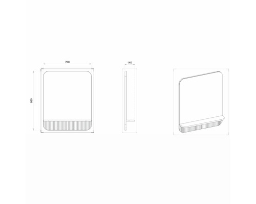 Technický nákres zrcadla s policí a rozměry 700 krát 860 krát 140 milimetrů.