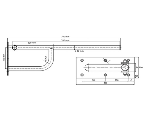 Technický výkres madla s rozměry