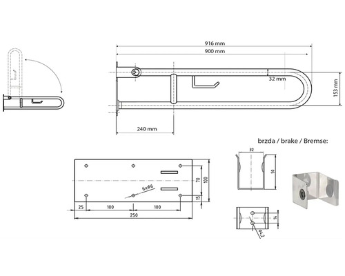 Technický výkres madla s rozměry