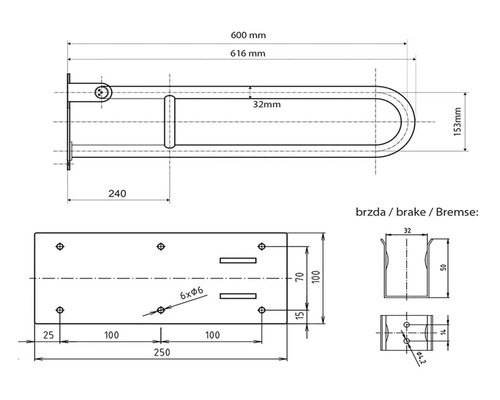 Technický výkres madla s rozměry