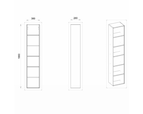 Technický nákres regálu o rozměrech 1860 x 380 x 280 milimetrů.