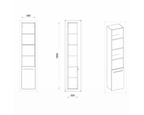 Technický nákres vysoké koupelnové skříňky o rozměrech 380 x 300 x 1860 mm.