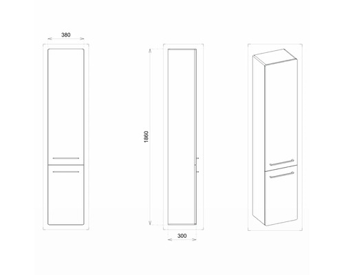 Technický nákres vysoké skříně o rozměrech 380 x 1860 x 300 mm.