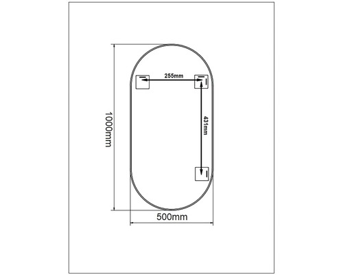 Technický výkres zrcadla o rozměrech 1000 mm výška a 500 mm šířka.