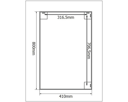 Technický nákres s rozměry pro obdélníkový výrobek: výška 800 mm, šířka 410 mm, vnitřní rozměry 316,5 mm a 706,5 mm.