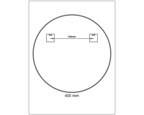 Technický nákres kulatého zrcadla o průměru 400 milimetrů a vzdálenosti 138 milimetrů mezi závěsy.