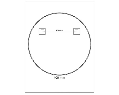 Technický nákres kulatého zrcadla o průměru 400 mm a vzdáleností 138 mm mezi závěsy.