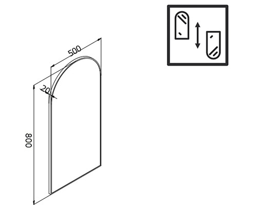 Nákres zrcadla o rozměrech 800 x 500 mm a symbolu variabilního zavěšení