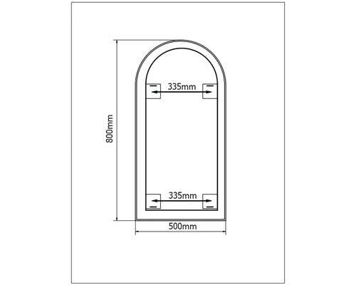 Technický výkres zrcadla s rozměry: výška 800 mm, šířka 500 mm, vzdálenost zavěšení 335 mm