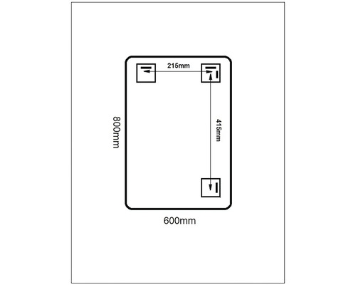 Technický nákres obdélníkového zrcadla se zaoblenými rohy o rozměrech 800 krát 600 milimetrů, včetně závěsných bodů o rozměrech 215 a 415 milimetrů.