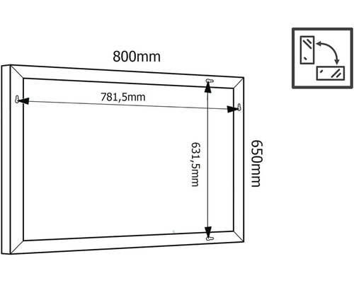 Technický výkres zrcadla o rozměrech 800 mm šířky a 650 mm výšky
