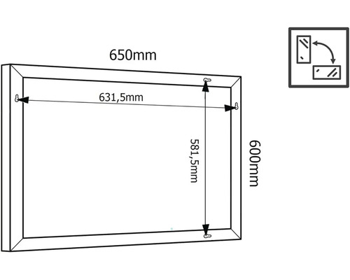 Technický nákres zrcadla o rozměrech 650 mm šířka a 600 mm výška.