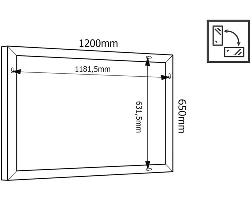 Technický nákres zrcadla s rozměry 1200 mm krát 650 mm