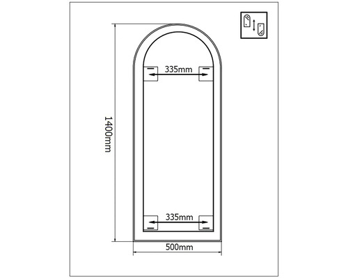 Technický výkres zrcadla o rozměrech 1400 mm výška a 500 mm šířka