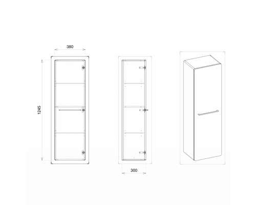 Technický výkres vysoké koupelnové skříňky s rozměry 380, 300 a 1245 milimetrů.