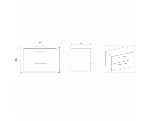 Technický výkres skříňky pod umyvadlo se dvěma zásuvkami a rozměry