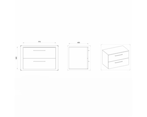 Nákres skříňky pod umyvadlo se dvěma zásuvkami a rozměry