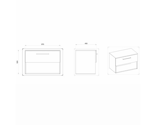 Technický nákres skříňky pod umyvadlo se dvěma zásuvkami a rozměry