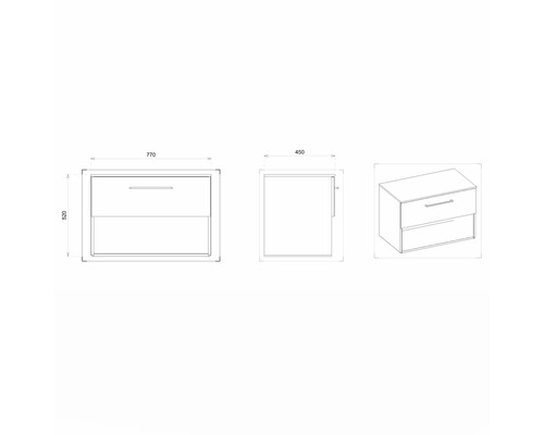 Nákres skříňky pod umyvadlo s rozměry