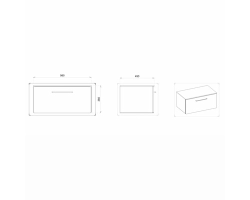 Technický nákres skříňky pod umyvadlo s rozměry.