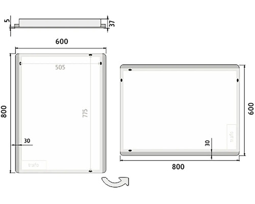 Technický výkres osvětlení zrcadla s rozměry
