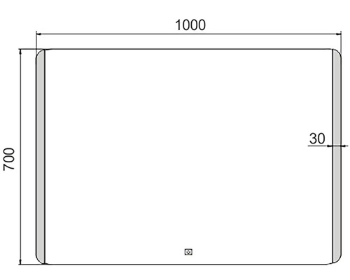 Technický nákres zrcadla o rozměrech 1000 krát 700 krát 30 milimetrů