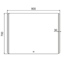 Technický nákres zrcadla o rozměrech 900 x 700 x 30 milimetrů.