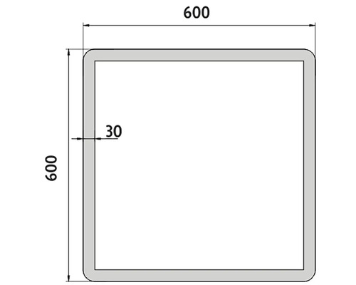 Čtvercový rámový profil o rozměrech 600 x 600 mm a tloušťce 30 mm.