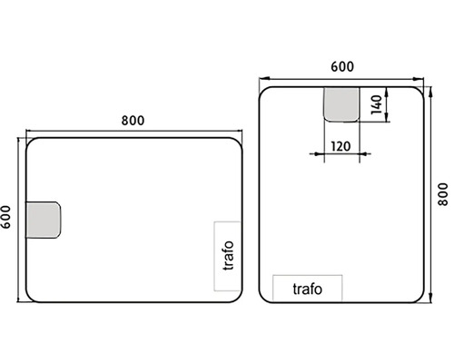 Technický výkres dvou zrcadel s rozměry