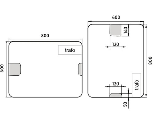 Technický výkres obdélníkového a čtvercového zrcadla s rozměry a pozicí pro transformátor