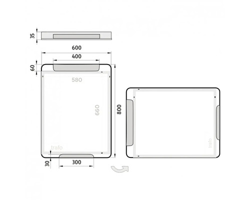 Technický výkres zrcadla s rozměry