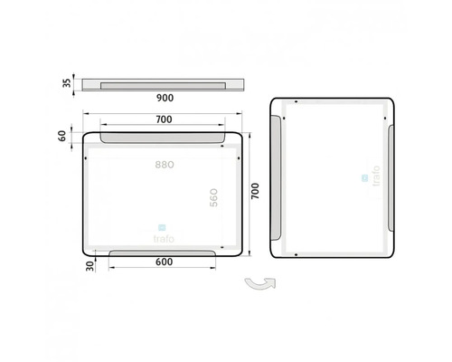 Technický nákres zrcadla s rozměry