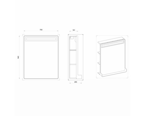 Technický nákres zrcadlové skříňky o rozměrech 755 x 940 x 181 mm