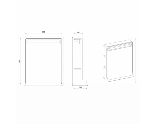 Technický nákres zrcadlové skříňky o rozměrech 555 x 940 x 265 mm