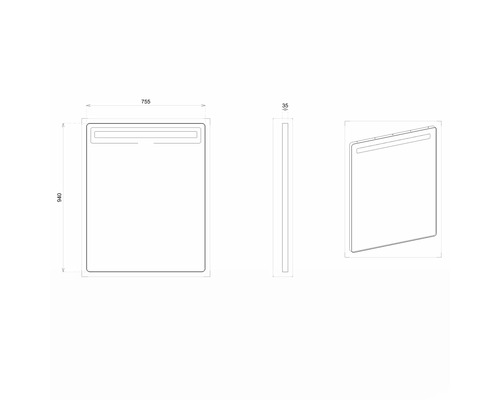 Technický nákres zrcadla o rozměrech 755 x 940 x 35 milimetrů.